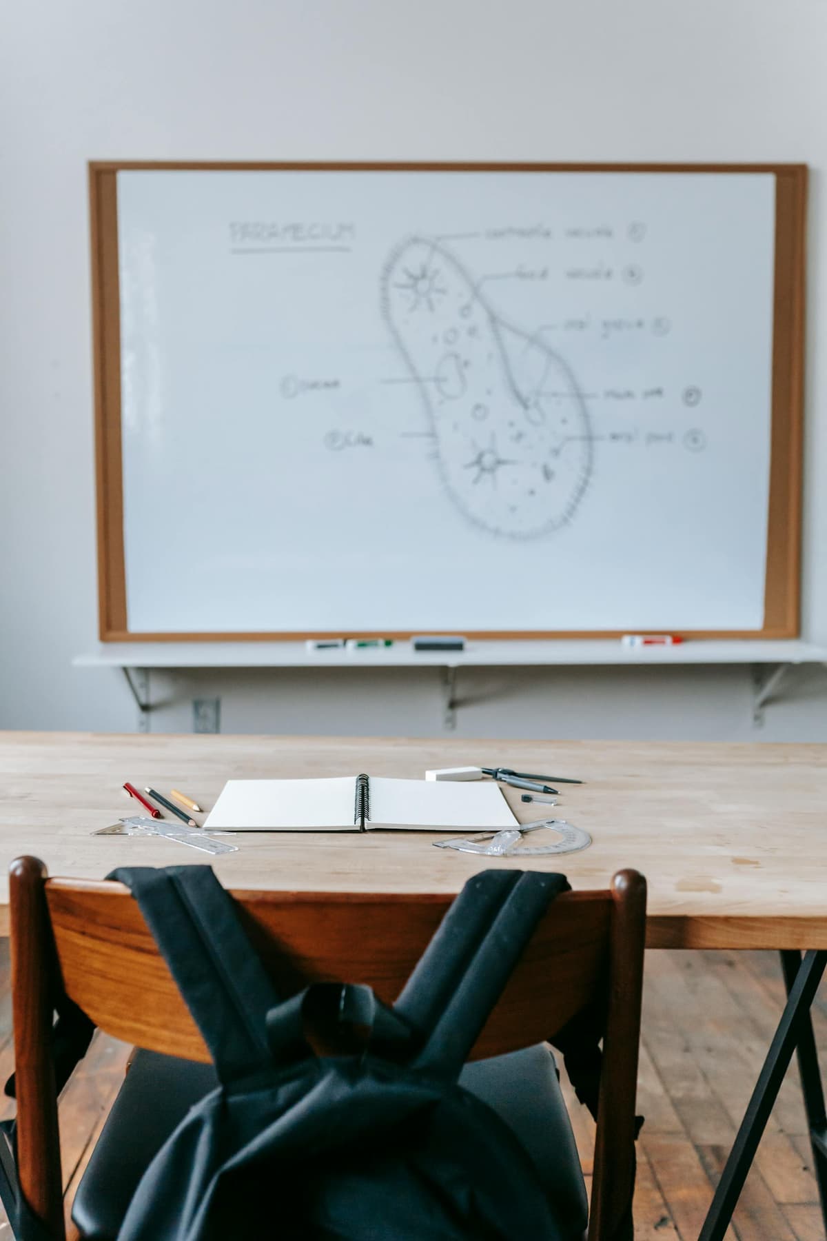 empty desk with white board in background containing biology diagram